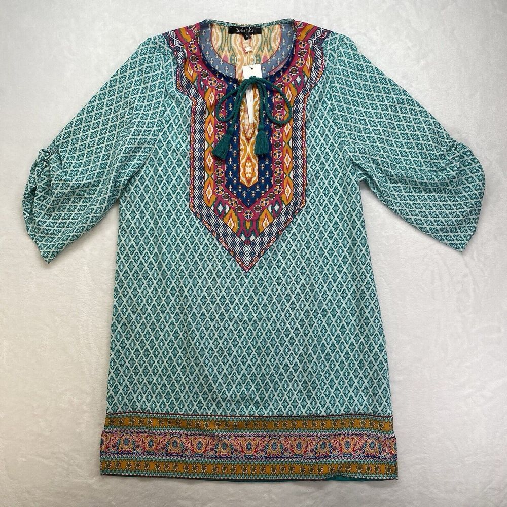 Women Bohemian Neck Tie Vintage Printed Ethnic Pakistani Summer Shift Dress‎ L